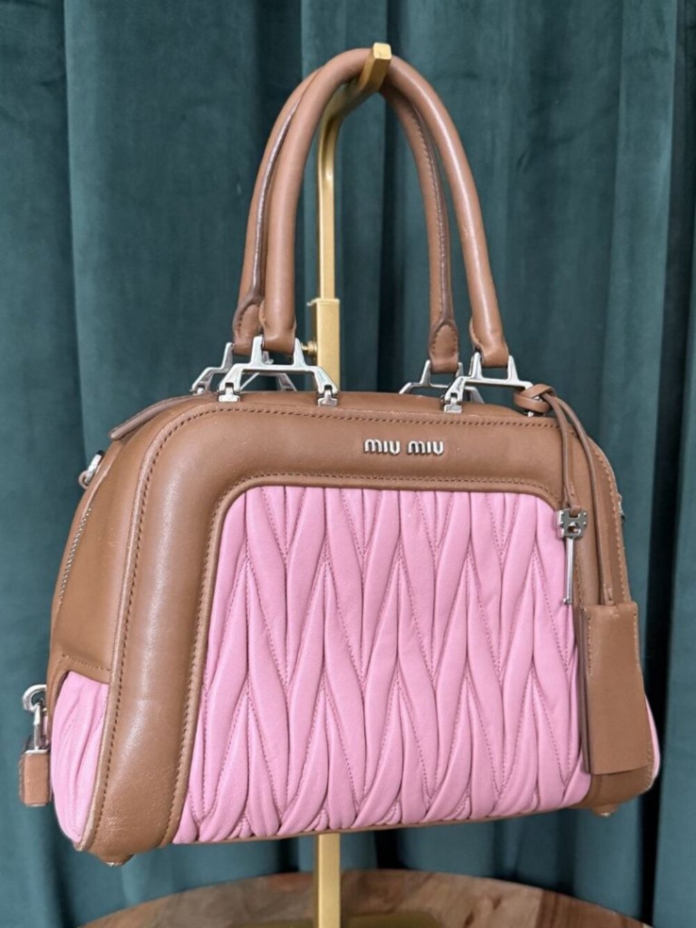 MIU MIU 2015 Matelasse Pink Brown Handbag with Box Prada Silver Iconic Bag